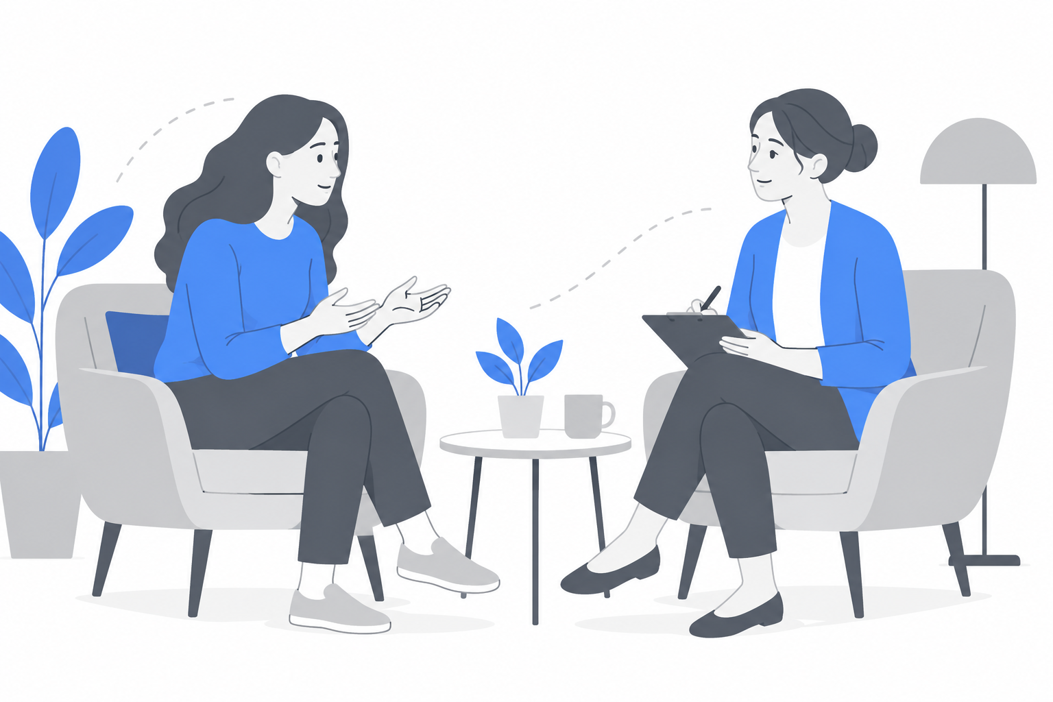 Illustration of a woman speaking with an independent counsellor